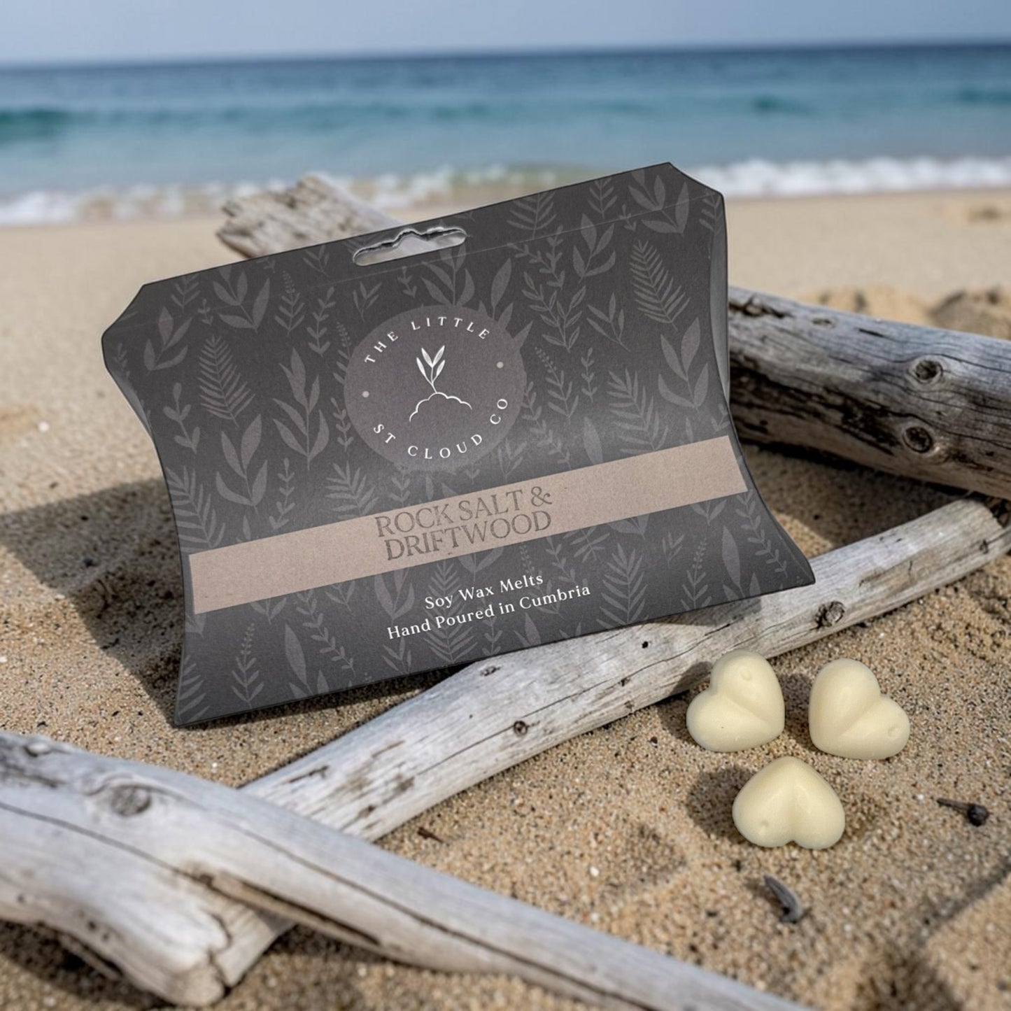 Packaging of 'The Little Cloud Co.' rock salt and driftwood wax melts on a beach with ocean in the background.
