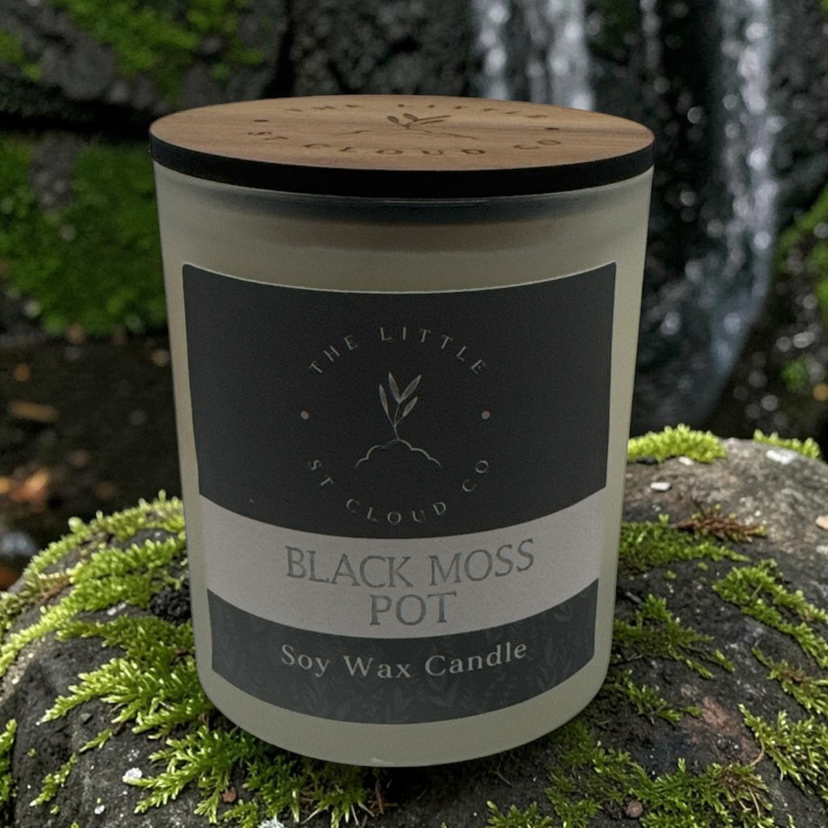 Black Moss Pot Scented candle in frosted jar with wooden lid