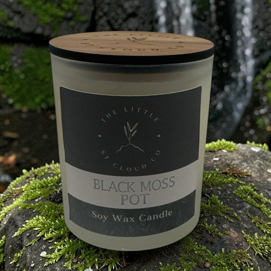 Black Moss Pot Scented candle in frosted jar with wooden lid