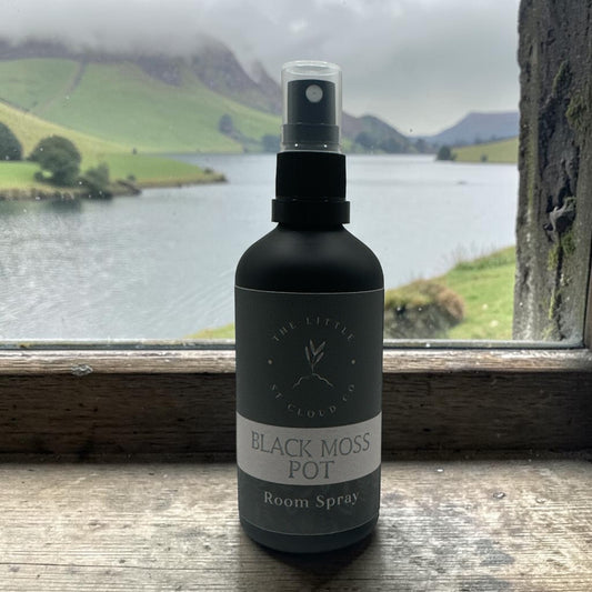 A matte black room spray bottle labeled 'The Little Cloud Co. Black Moss Pot' sitting on a rustic wooden windowsill with a blurred outdoor landscape of green hills and a lake in the background.