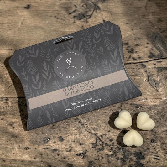 Dark Honey & Tobacco Wax Melts on a Rustic Table