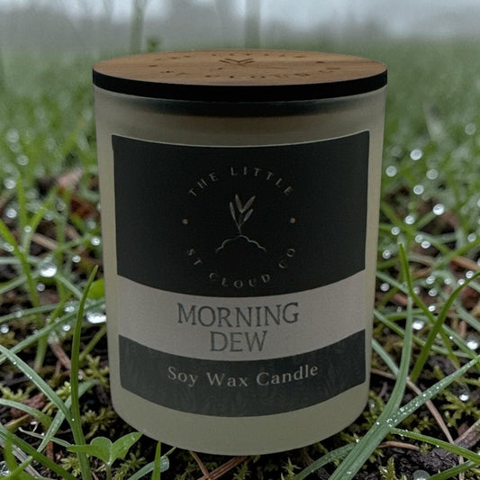 Soy wax candle labeled 'Morning Dew' by The Little Cloud Co. on grass with dew drops.