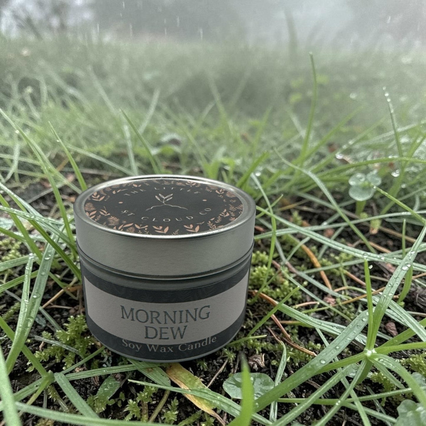 Candle tin on grass with dew