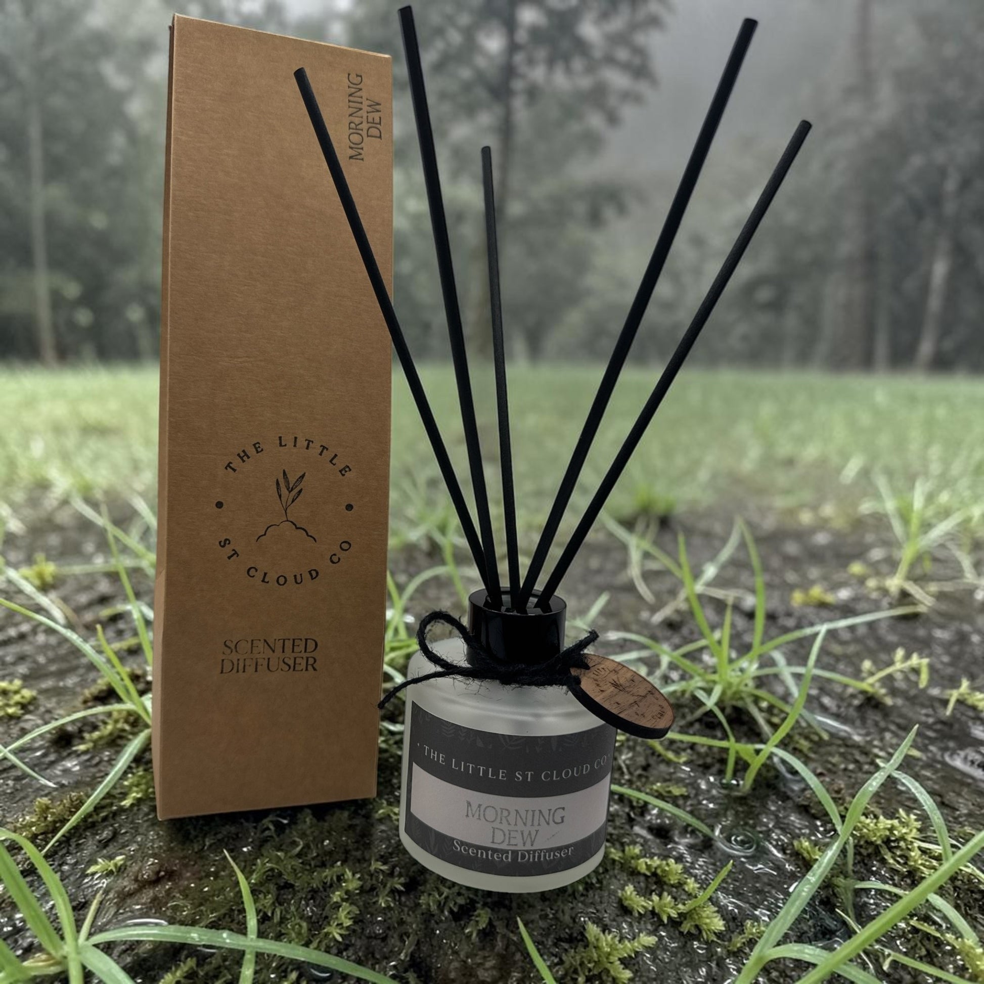 Frosted diffuser jar with kraft box and reeds on dewy grass