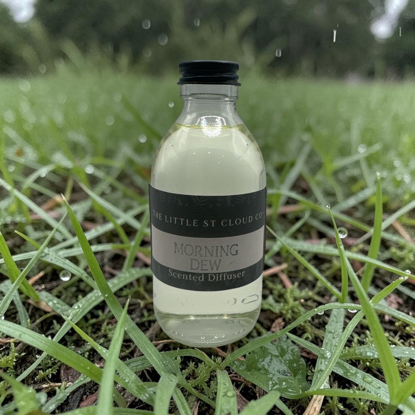 Clear glass bottle of diffuser refill on dewy grass
