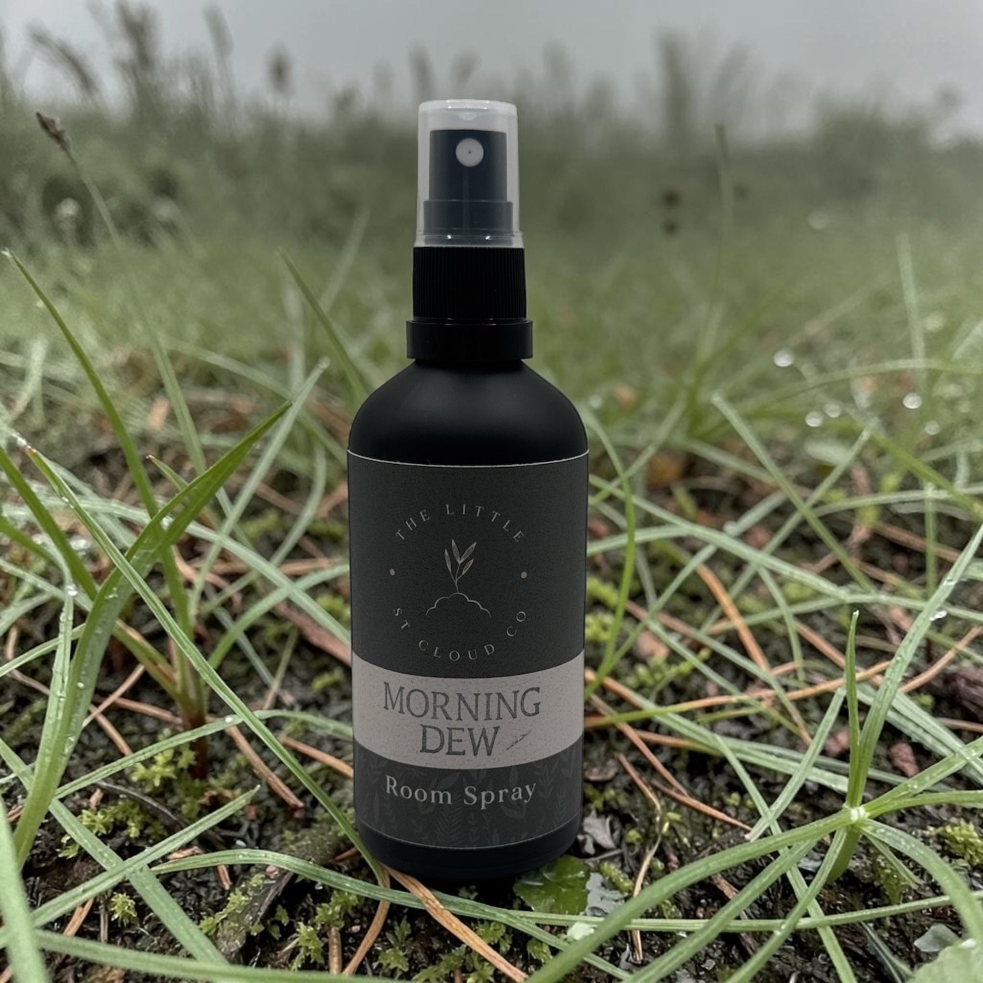 Room spray bottle labeled 'Morning Dew' on grass with a natural background