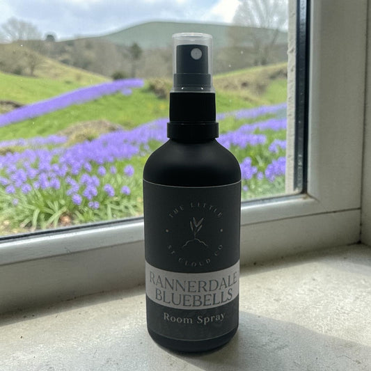 A Matte black room spray in the scent Rannerdale Bluebells by the little st cloud company in a windowsil with views of bluebells