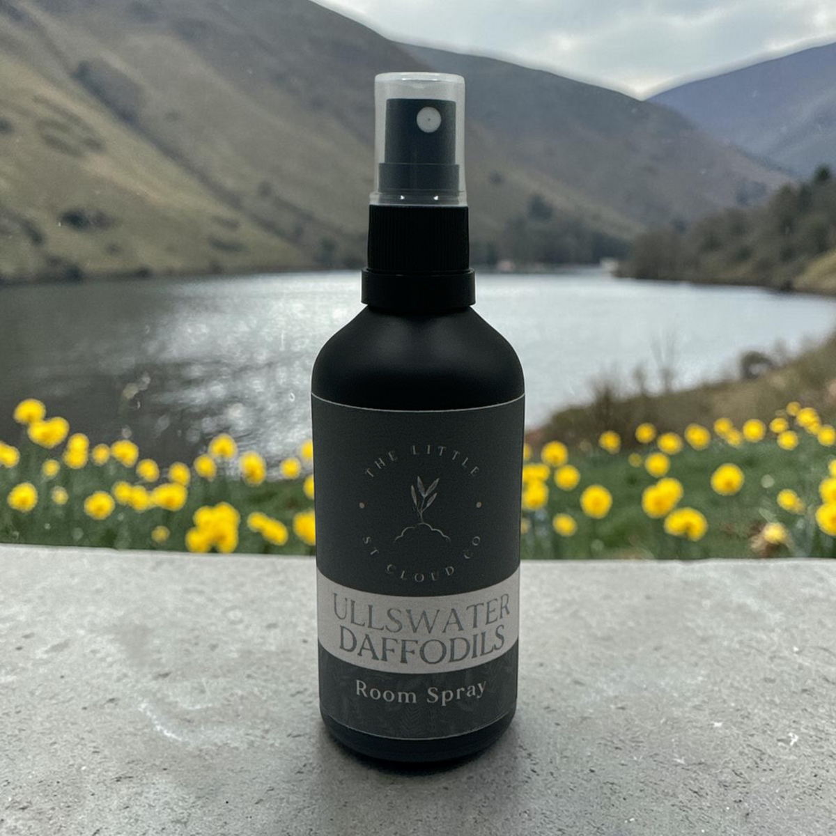 Matte black bottle of room spray in the scent ullswater daffodils by the little st cloud co with a lakeside view and daffodils