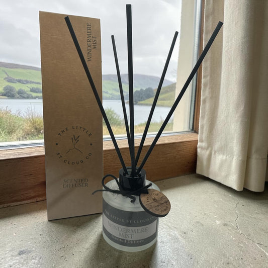 A frosted glass reed diffuser by the little st cloud co in the scent windermere mist in a window with lake views